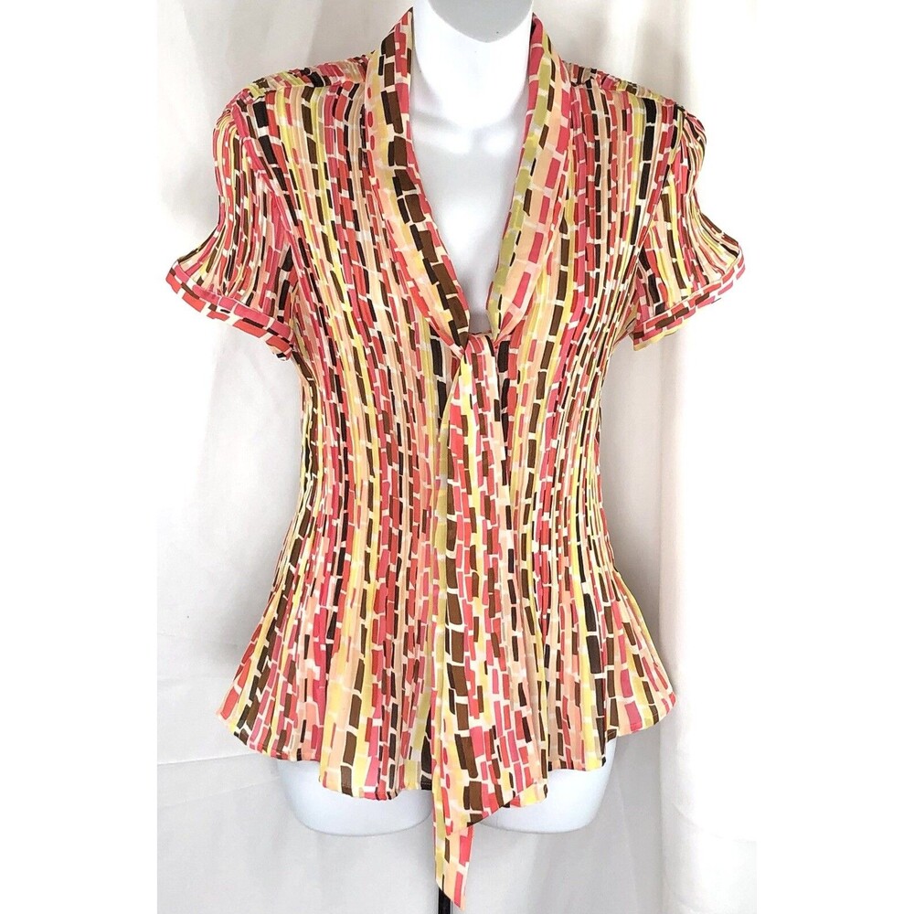 Worthington Top L Multi Colorful Geo scarf Tie pleats Fairy Coquette Y2K 90s